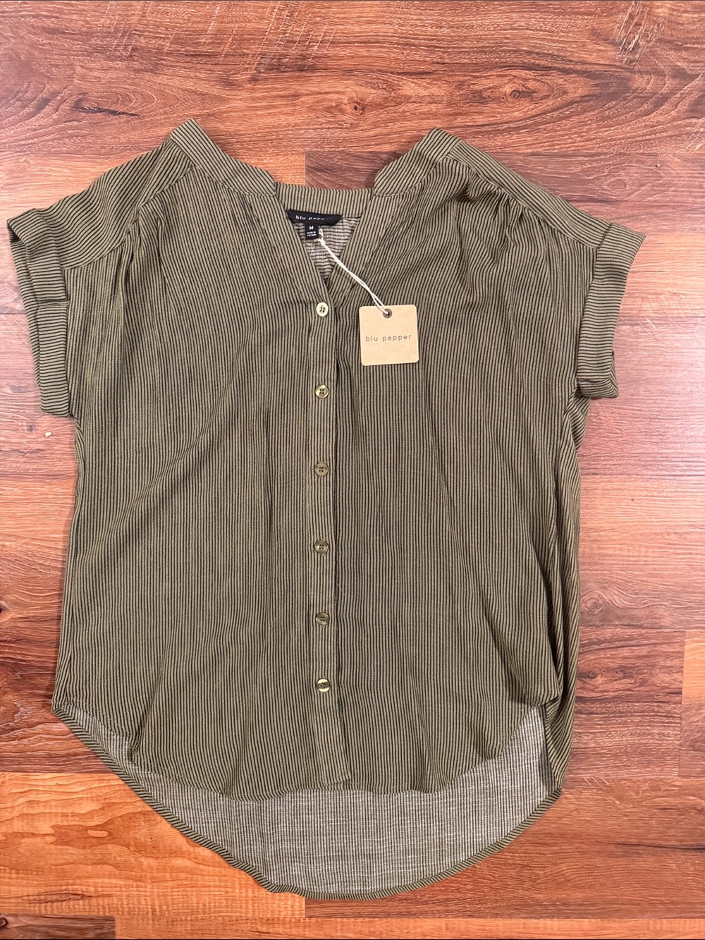 Blu Pepper Olive Green Pinstripe Button-Front Women's Shirt